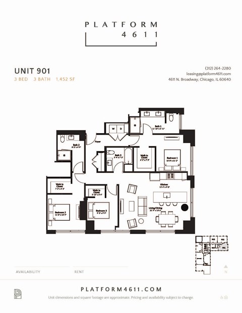 Floor plan for 3 beds, 3 baths, 1452 sqft